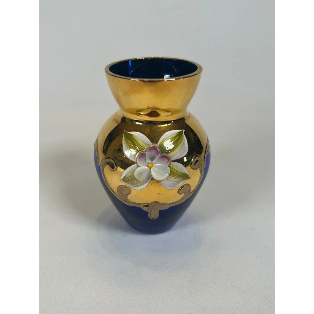 Vintage Murano Style Cobalt Blue Glass Bud Vase 24K Gold Enamel Flower 3.25